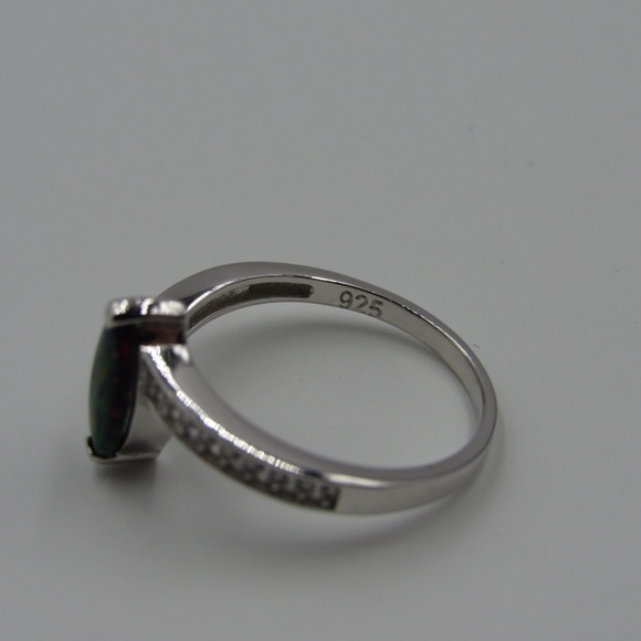 Sterling Silver Black Opal & CZ Diamond Band Ring - Picture 4 of 5